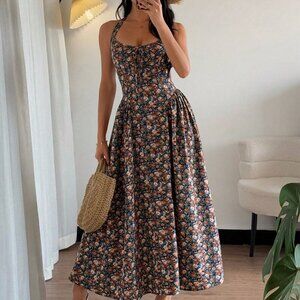 Multicolor Boho Womens Elegant A-Line V-Neck Cinched Waist Flared Hem Back Dress